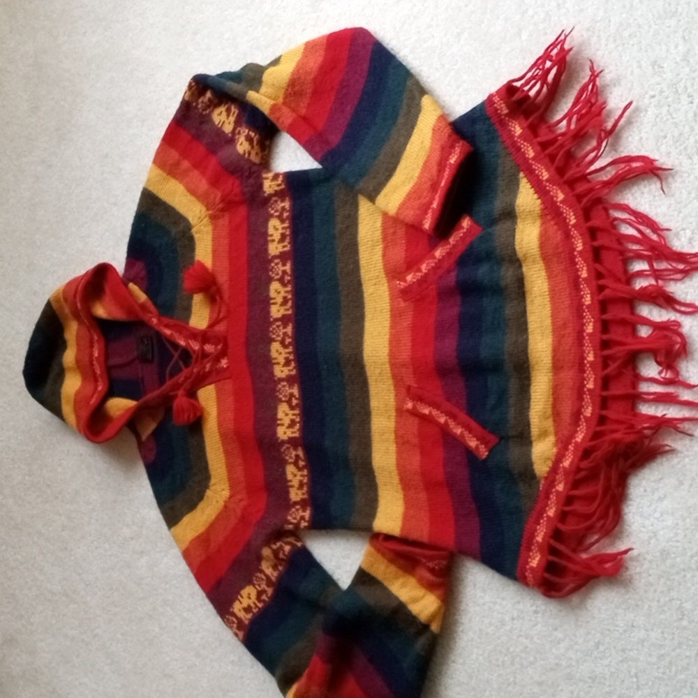 Rainbow stripe Peruvian alpaca hooded sweater size M (?)